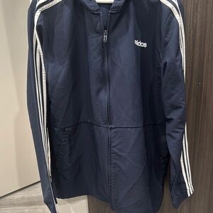 Adidas Men's Dark Blue Windbreaker with White Stripes